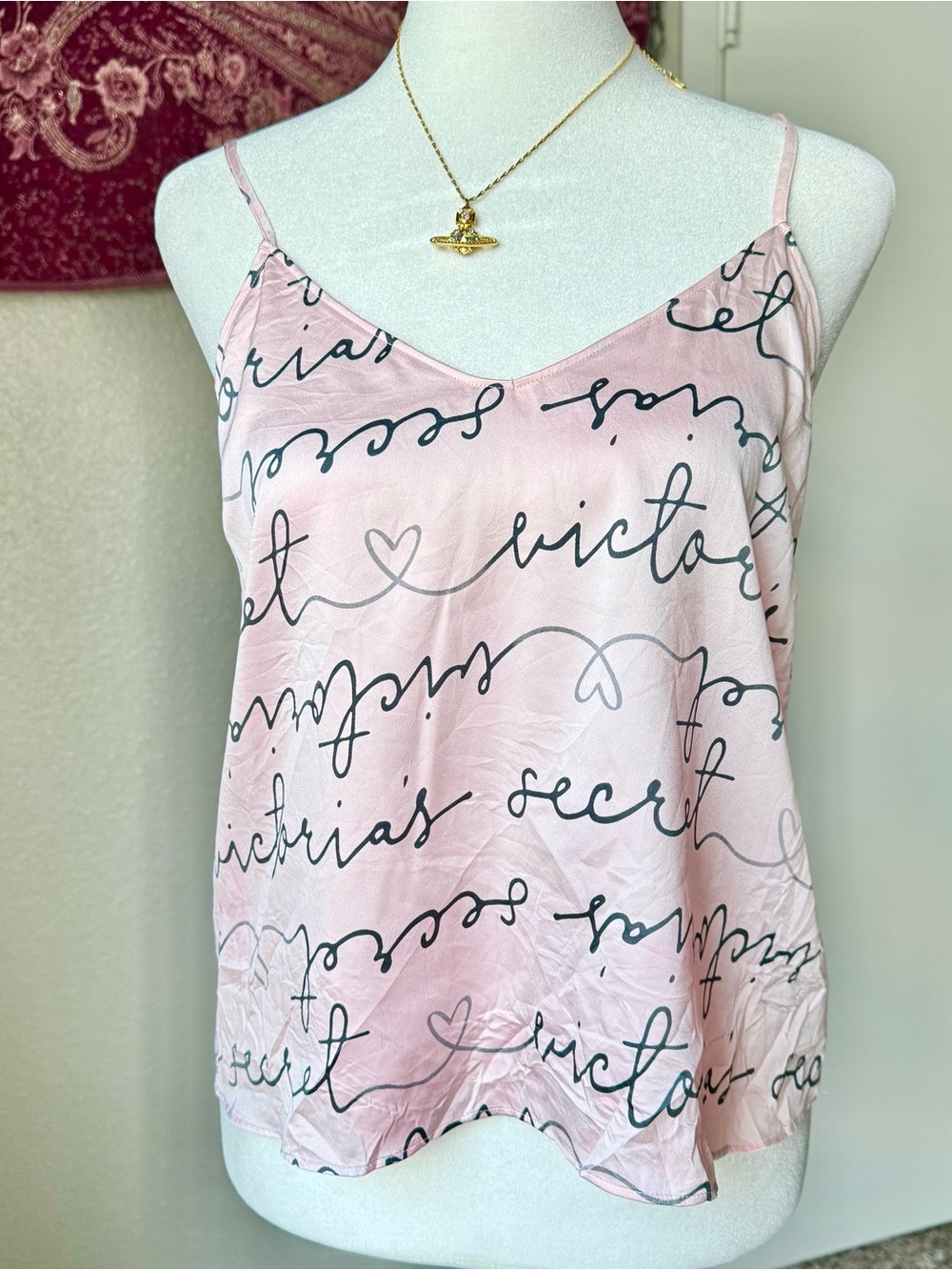 Victoria's Secret 2019 Pink Satin Script Women’s Small Summer Comfy Cami